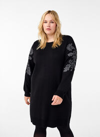 Knitted dress with embroidery details, Black Medium G. Comb, Model