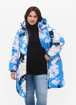 Long winter jacket with a floral print, French Blue Comb, Model image number 0