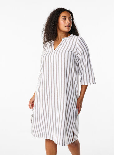 Zizzifashion Striped tunic dress in linen-viscose mix, White Stripe, Model image number 0