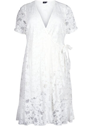 Zizzifashion Wrap dress with lace and short sleeves, Bright White, Packshot image number 0