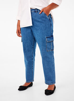 Zizzifashion Cargo jeans with high waist, Blue Denim, Model image number 2