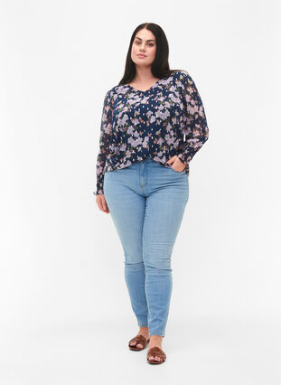 Zizzifashion Floral blouse with long sleeves and V-neck, Blue Small Fl. AOP, Model image number 2