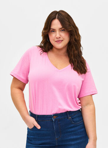Zizzifashion FLASH - T-shirt with v-neck, Begonia Pink, Model image number 0