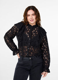 Lace shirt blouse with ruffle detail, Black, Model