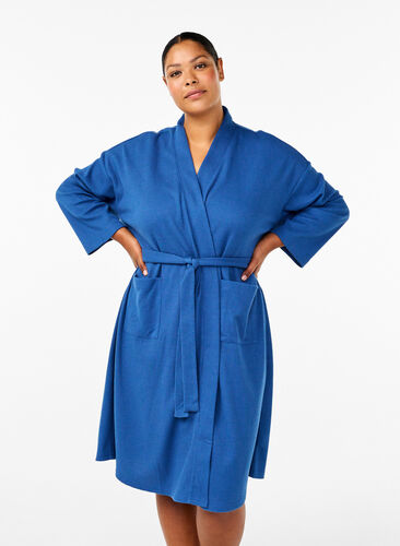 Zizzifashion Bathrobe with pockets and tie belt, Blue Opal, Model image number 0