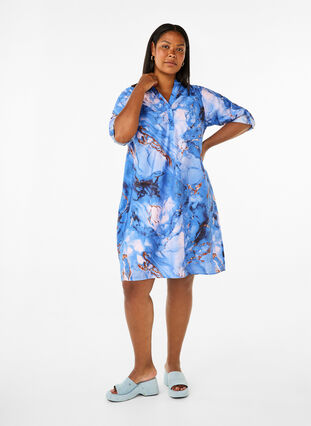 Zizzifashion Viscose shirt dress with marble print, Palace Blue AOP, Model image number 2