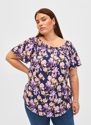 Zizzifashion Floral viscose blouse with short sleeves, Small Flower AOP, Model image number 0