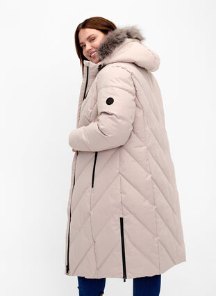 Zizzifashion Long winter jacket with hood and faux fur collar, Simply Taupe, Model image number 1