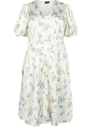 Zizzifashion Floral satin dress with puff sleeves, Off White Blue Fl., Packshot image number 0