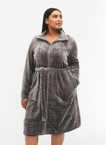 Zizzifashion Patterned dressing gown with zipper and pockets, Grey, Model image number 0