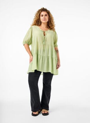 Zizzifashion A-line viscose tunic with lace-up detail, Foam Green, Model image number 2