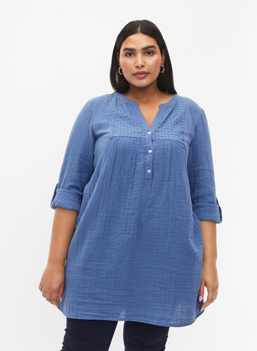 Zizzifashion Cotton tunic with anglaise embroidery, Moonlight Blue, Model image number 0