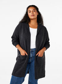 Long knitted cardigan with wool and hood, Dark Grey Melange, Model