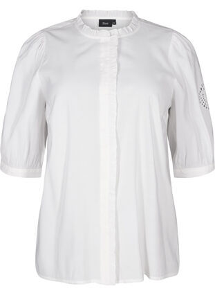 Zizzifashion Shirt blouse with ruffles and broderie anglaise, Bright White, Packshot image number 0