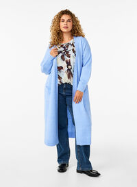 Long knitted cardigan with pockets, Cornflower Blue Mel., Model