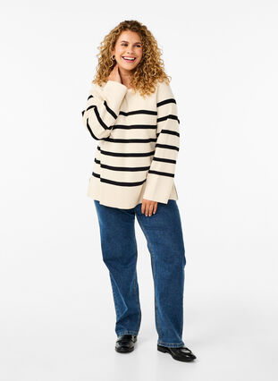 Zizzifashion Striped knitted blouse with round neck, Birch w. Black, Model image number 2