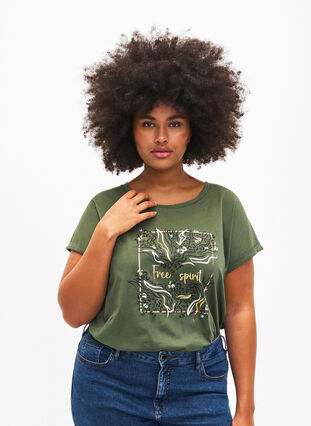 Zizzifashion Organic cotton T-shirt with gold print, Thyme W. Free, Model image number 0