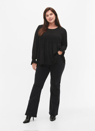 Zizzifashion Long sleeve smocked blouse, Black, Model image number 2