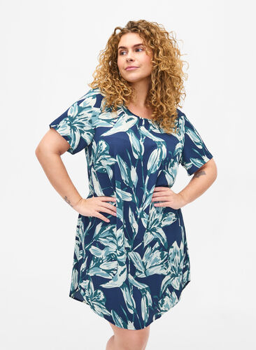 Zizzifashion Dress with print and short sleeves, Navy B.Big FlowerAOP, Model image number 0