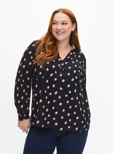 Zizzifashion FLASH - Long sleeve blouse with print, Blue Double Dot, Model image number 0