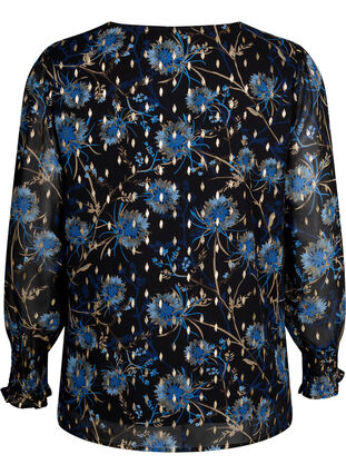 Zizzifashion Floral blouse with long sleeves and v neck, Black Blue Flower , Packshot image number 1