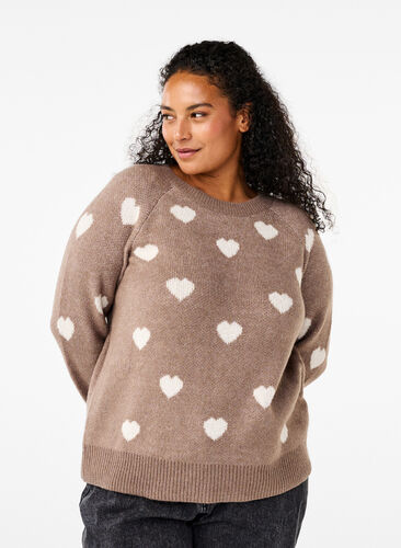 Zizzifashion Knitted jumper with hearts, Walnut Mel. Comb, Model image number 0