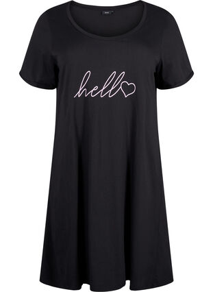 Zizzifashion Short-sleeved nightgown in organic cotton, Black Hello, Packshot image number 0