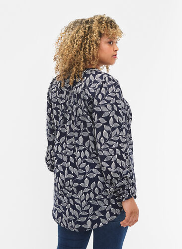 Zizzifashion Blouse with smock and v-neckline, Navy Leaf, Model image number 1