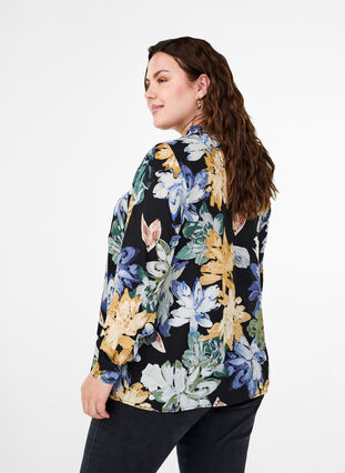 Zizzifashion Long-sleeved blouse with floral print, Yellow Flower AOP, Model image number 1