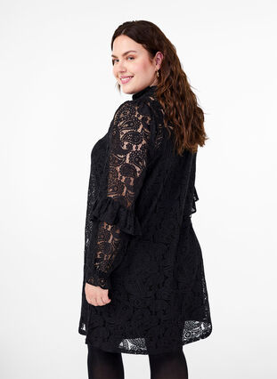 Zizzifashion Short lace dress with ruffle detail, Black, Model image number 1