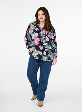 Zizzifashion Long-sleeved blouse with floral print, Rose Flower AOP, Model image number 2