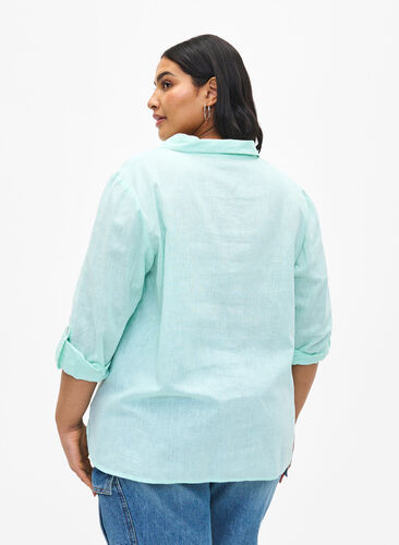 Zizzifashion Shirt blouse with button closure in cotton-linen blend, Brook Green, Model image number 1