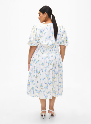 Zizzifashion Floral satin dress with puff sleeves, Off White Blue Fl., Model image number 1