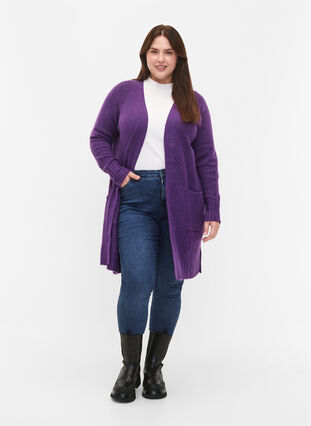 Zizzifashion Long knit cardigan with pockets, Pansy Mel., Model image number 2