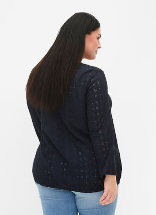 Zizzifashion Blouse with broderie anglaise and 7/8 sleeves, Navy Blazer, Model image number 1