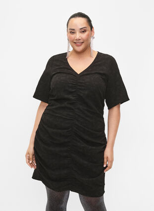 Zizzifashion Short-sleeved dress with textured fabric and drapes, Black, Model image number 0