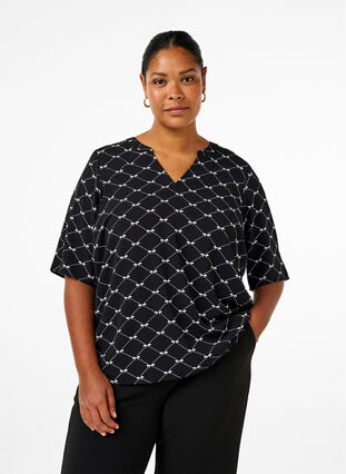 Zizzifashion V-neck blouse with bow print, Black Bow AOP, Model image number 0