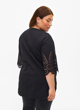 Zizzifashion Shirt blouse with broderie anglaise and 3/4 sleeves, Black, Model image number 1