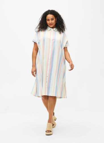 Zizzifashion Long shirt in cotton blend with linen, Multi Color Stripe, Model image number 0
