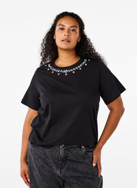 T-shirt with round neck and rhinestones, Black, Model