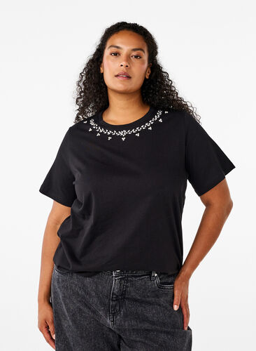 Zizzifashion T-shirt with round neck and rhinestones, Black, Model image number 0