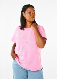 Organic cotton T-shirt with floral print, Rosebloom W. Flower, Model