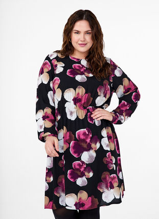 Zizzifashion Viscose dress with print and long sleeves, Black Pink FlowerAOP, Model image number 0