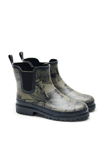 Zizzifashion Short wide fit rubber boots with print, Dusty Olive Flower, Packshot image number 1