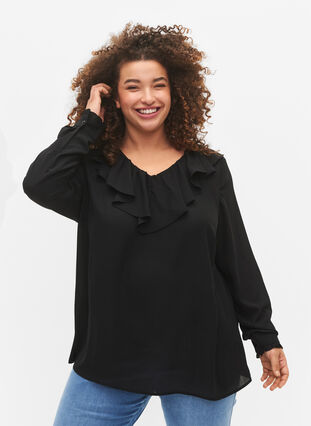 Zizzifashion Long sleeve ruffle blouse, Black, Model image number 0