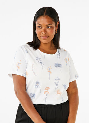 Zizzifashion Organic cotton T-shirt with floral print, White W. Blue flower, Model image number 0