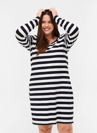 Zizzifashion Striped cotton dress with long sleeves , Black w. White, Model image number 0