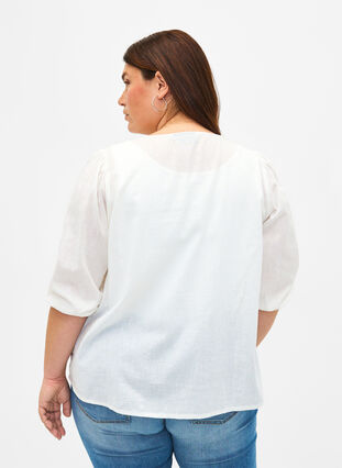 Zizzifashion 3/4 sleeve cotton blouse in a cotton blend with linen, Bright White, Model image number 1