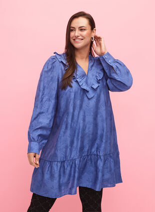 Zizzifashion Dress in lyocell (TENCEL™) with ruffles, Colony Blue, Model image number 0