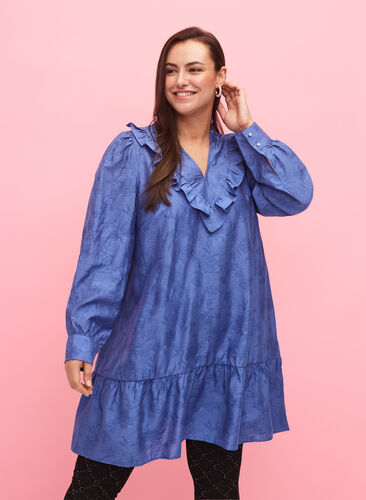 Zizzifashion Dress in lyocell (TENCEL™) with ruffles, Colony Blue, Model image number 0